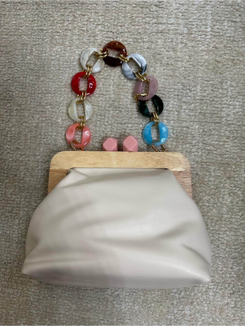 Vici Cream Clutch with Multicolor Resin Chain Handle
